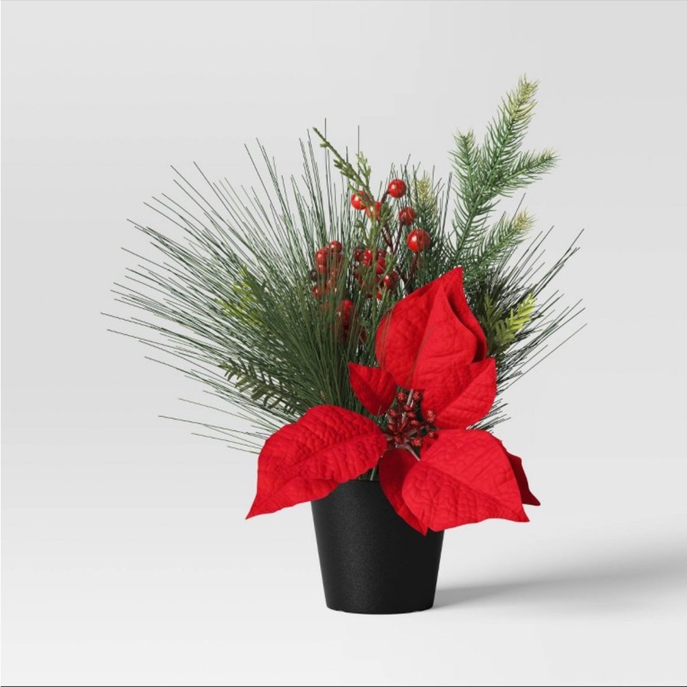 14” Potted Poinsettia Flower & Mixed Greenery with Berries Christmas Arrangement